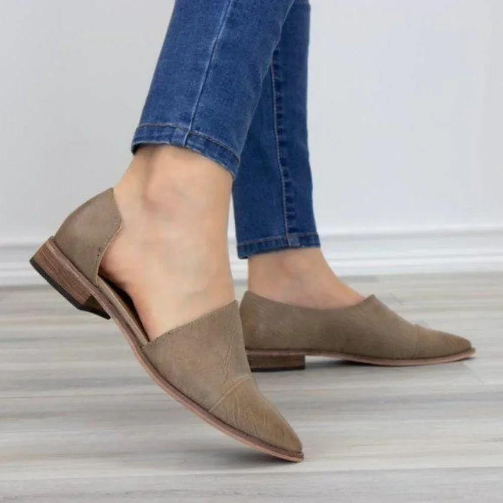 Tan Taupe Opened Side Pointy Slip On Flat Loafer